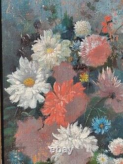 Ancient signed painting. Bouquet of Flowers. Oil painting on wood panel