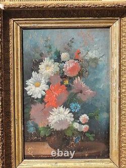 Ancient signed painting. Bouquet of Flowers. Oil painting on wood panel