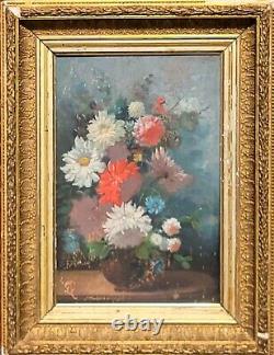 Ancient signed painting. Bouquet of Flowers. Oil painting on wood panel