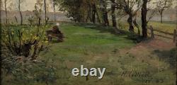 Ancient tableau animated landscape signed Henri Collinet dated 1883 Oil on canvas
