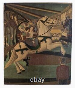 Ancient tableau genre scene Carousel merry-go-round naive art Serge Fiorio Switzerland 20th century