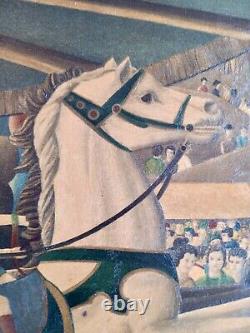 Ancient tableau genre scene Carousel merry-go-round naive art Serge Fiorio Switzerland 20th century