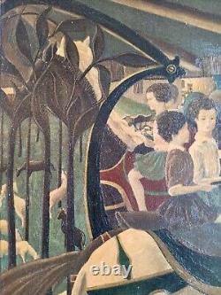 Ancient tableau genre scene Carousel merry-go-round naive art Serge Fiorio Switzerland 20th century