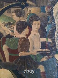 Ancient tableau genre scene Carousel merry-go-round naive art Serge Fiorio Switzerland 20th century