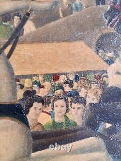 Ancient tableau genre scene Carousel merry-go-round naive art Serge Fiorio Switzerland 20th century