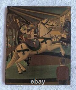 Ancient tableau genre scene Carousel merry-go-round naive art Serge Fiorio Switzerland 20th century