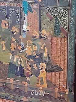 Ancient wooden panel with Persian dignitaries at the palace