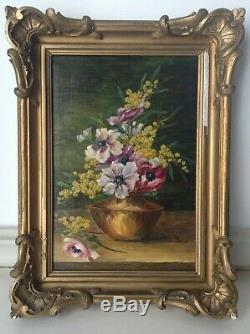 Andrée Benon (1887-1956) Table Former Anemones Mimosas Oil On Canvas Signed