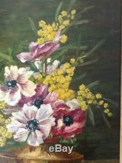 Andrée Benon (1887-1956) Table Former Anemones Mimosas Oil On Canvas Signed