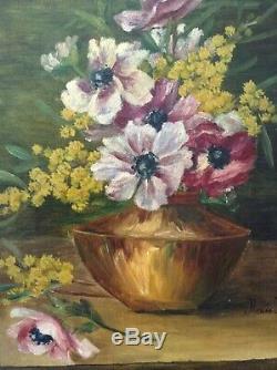 Andrée Benon (1887-1956) Table Former Anemones Mimosas Oil On Canvas Signed