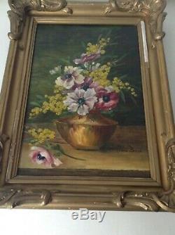 Andrée Benon (1887-1956) Table Former Anemones Mimosas Oil On Canvas Signed