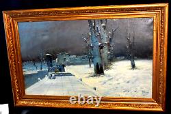 Animated Snow-covered Landscape Oil Painting Mauve Lavender Signed Blain Xixth