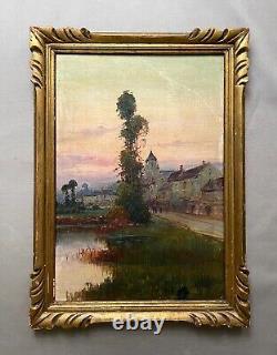 Animated Village, Oil on Panel Signed Gilbert, Antique Painting, Early 20th Century
