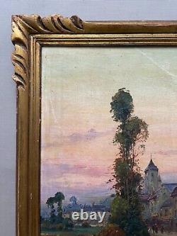 Animated Village, Oil on Panel Signed Gilbert, Antique Painting, Early 20th Century