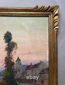 Animated Village, Oil on Panel Signed Gilbert, Antique Painting, Early 20th Century