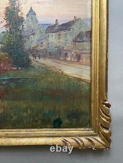 Animated Village, Oil on Panel Signed Gilbert, Antique Painting, Early 20th Century