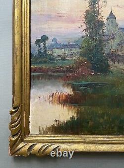Animated Village, Oil on Panel Signed Gilbert, Antique Painting, Early 20th Century