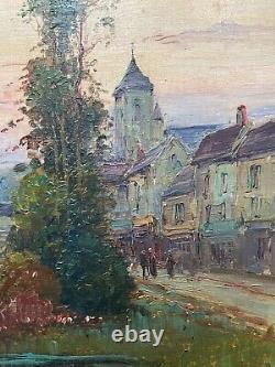 Animated Village, Oil on Panel Signed Gilbert, Antique Painting, Early 20th Century