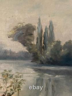 Antique 19th-Century Impressionist Oil Painting on Canvas, Landscape with Tree