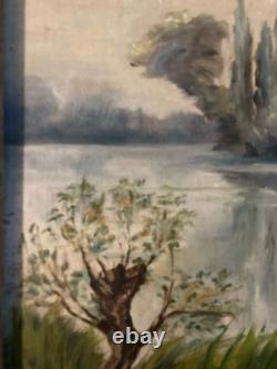 Antique 19th-Century Impressionist Oil Painting on Canvas, Landscape with Tree