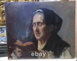 Antique 19th Century Oil on Canvas Painting Portrait of a Woman Reading in Normandy