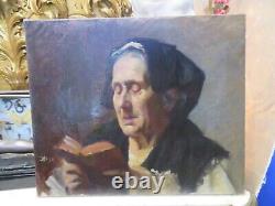 Antique 19th Century Oil on Canvas Painting Portrait of a Woman Reading in Normandy