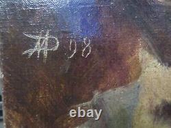 Antique 19th Century Oil on Canvas Painting Portrait of a Woman Reading in Normandy