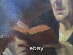 Antique 19th Century Oil on Canvas Painting Portrait of a Woman Reading in Normandy