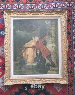 Antique 19th-Century Painting, Courtship Scene by the Water, Signed Oil on Canvas