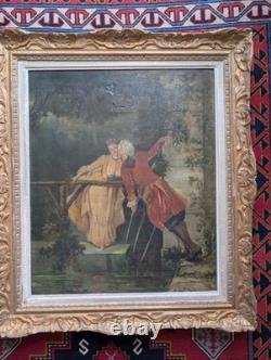 Antique 19th-Century Painting, Courtship Scene by the Water, Signed Oil on Canvas