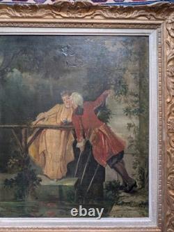 Antique 19th-Century Painting, Courtship Scene by the Water, Signed Oil on Canvas