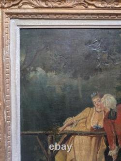 Antique 19th-Century Painting, Courtship Scene by the Water, Signed Oil on Canvas