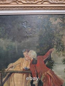 Antique 19th-Century Painting, Courtship Scene by the Water, Signed Oil on Canvas