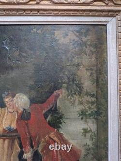 Antique 19th-Century Painting, Courtship Scene by the Water, Signed Oil on Canvas