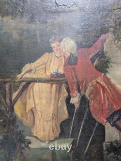 Antique 19th-Century Painting, Courtship Scene by the Water, Signed Oil on Canvas