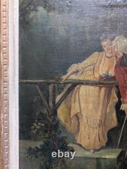 Antique 19th-Century Painting, Courtship Scene by the Water, Signed Oil on Canvas