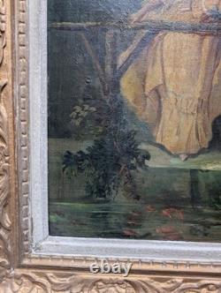 Antique 19th-Century Painting, Courtship Scene by the Water, Signed Oil on Canvas