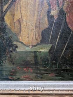 Antique 19th-Century Painting, Courtship Scene by the Water, Signed Oil on Canvas