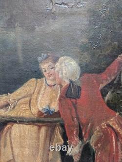 Antique 19th-Century Painting, Courtship Scene by the Water, Signed Oil on Canvas