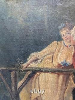 Antique 19th-Century Painting, Courtship Scene by the Water, Signed Oil on Canvas