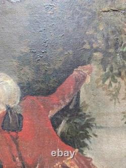 Antique 19th-Century Painting, Courtship Scene by the Water, Signed Oil on Canvas