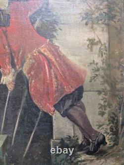 Antique 19th-Century Painting, Courtship Scene by the Water, Signed Oil on Canvas
