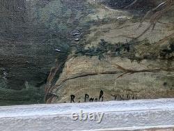 Antique 19th-Century Painting, Courtship Scene by the Water, Signed Oil on Canvas