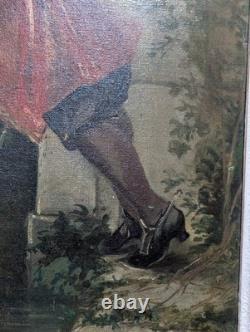 Antique 19th-Century Painting, Courtship Scene by the Water, Signed Oil on Canvas