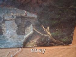 Antique 19th-Century Painting Romantic Landscape Castle Ruins Bridge Oil on Canvas