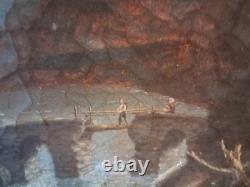 Antique 19th-Century Painting Romantic Landscape Castle Ruins Bridge Oil on Canvas
