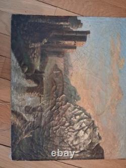 Antique 19th-Century Painting Romantic Landscape Castle Ruins Bridge Oil on Canvas