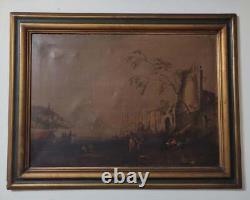 Antique Frame Oil on Canvas Marine Landscape with Castle 19th Century 84x64 CM