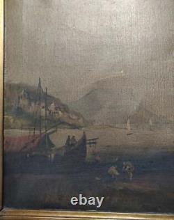 Antique Frame Oil on Canvas Marine Landscape with Castle 19th Century 84x64 CM