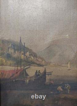 Antique Frame Oil on Canvas Marine Landscape with Castle 19th Century 84x64 CM